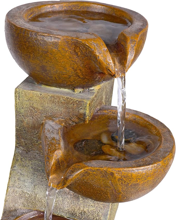 Alpine Corporation WCT726 | 16"H Indoor/Outdoor Tabletop Tiered Pouring Pots Waterfall Fountain — Natural Stone-Look Finish Adds Rustic Charm — Brown
