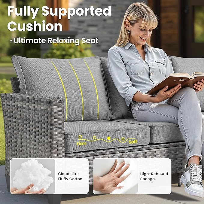 ovios Patio Furniture Set, 6 Pieces Outdoor Wicker Sofa Couch with Loveseat, Ottomans and Comfy Cushions, All Weather High Back Rattan Conversation Set, Dark Grey
