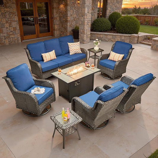 ovios 8-Piece Patio Furniture Set with Swivel Chairs Coffee Table, Outdoor Wicker Sofa with 42" Fire Pit Table, High Back Couch Modern Conversation Sets, Brown/Navy Blue