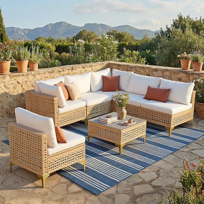 FHFO Oversized Patio Furniture Set, 7-Piece Wicker Patio Sectional Sofa Couch, Rattan Outdoor Conversation Set with Thick Cushion & Tempered Glass Coffee Table for Porch, Backyard, Yellow/Beige