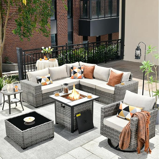 HOOOWOOO 9 Piece Modular Patio Outdoor Sectional Furniture Set with Gas Propane Fire Pit Table,Wicker Conversation Sofa Set with Swivel Chairs,Outside Couch Set(Beige)