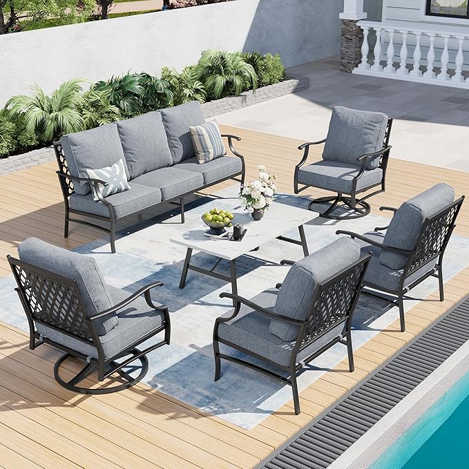 6 Piece Metal Outdoor Patio Furniture Set, Patio Conversation Sets 1 3-Seater Sofa, 2 Swivel Chair, 2 Leg Chair with 5.75" Thick Cushion and Coffee Table, Backyard Furniture Set, Gray
