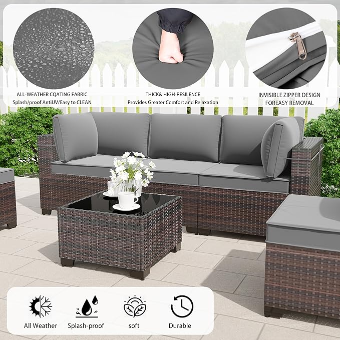 10 Pieces Outdoor Patio Furniture Set,Outdoor Sectional Furniture with 43" 55000 BTU Gas Propane Fire Pit Table,All Weather PE Rattan Wicker Patio Conversation Set,Grey