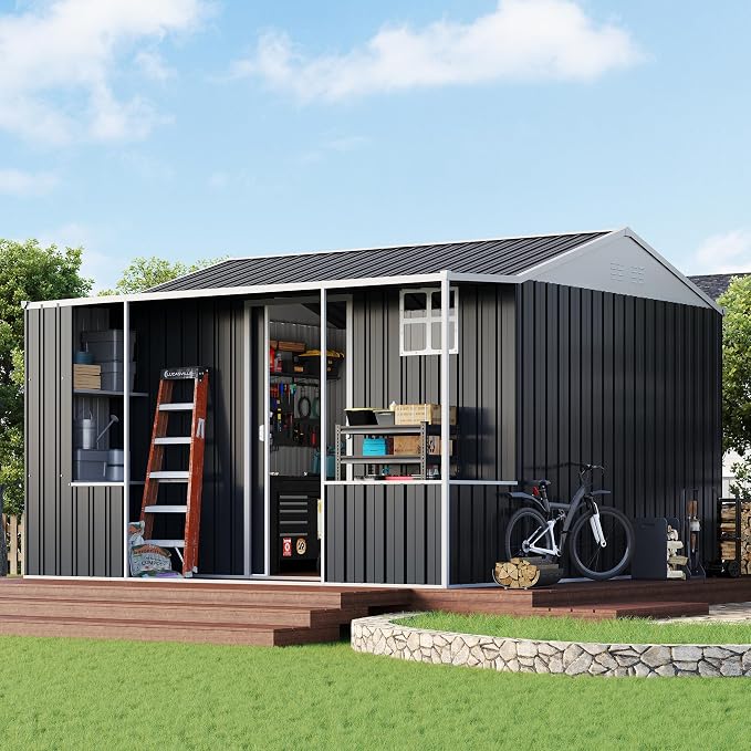 VanAcc 10×10.5×7 FT Metal Storage Shed, Dual-Zone Tool Shed with Work Area, Reinforced Frame, Gable Roof, Ventilated Design, Dark Grey by VANACC