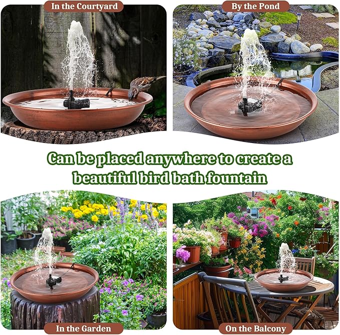 Bird Bath Fountain for Outside, 13.5" Garden Metal Bird Bath Bowl with 8W Water Pump, 2 Nozzles Adjustable Water Fountain for Backyard Patio Garden and Outdoor Water Features