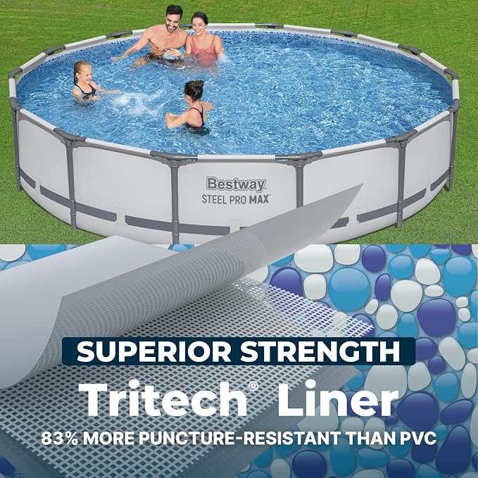Bestway Steel Pro MAX 14' x 33" Round Above Ground Swimming Pool Set, 530 GPH Filter Pump, Tritech Puncture Resistant Liner, ClickConnect Steel Frame, Gray - Image 4