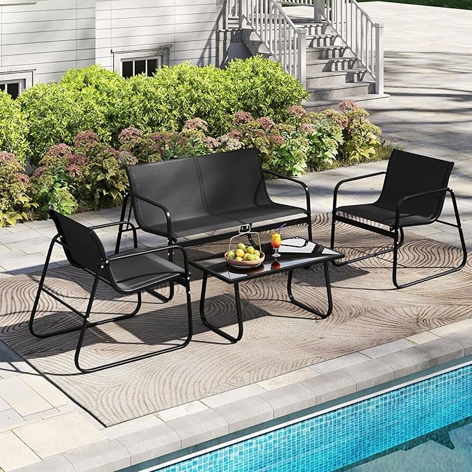 Tangkula 4 Piece Patio Furniture Set, Outdoor Metal Conversation Chair & Coffee Table Set with Mesh Seat Fabric & Tempered Glass Tabletop, Outside Bistro Set for Backyard, Porch, Poolside (1, Black)