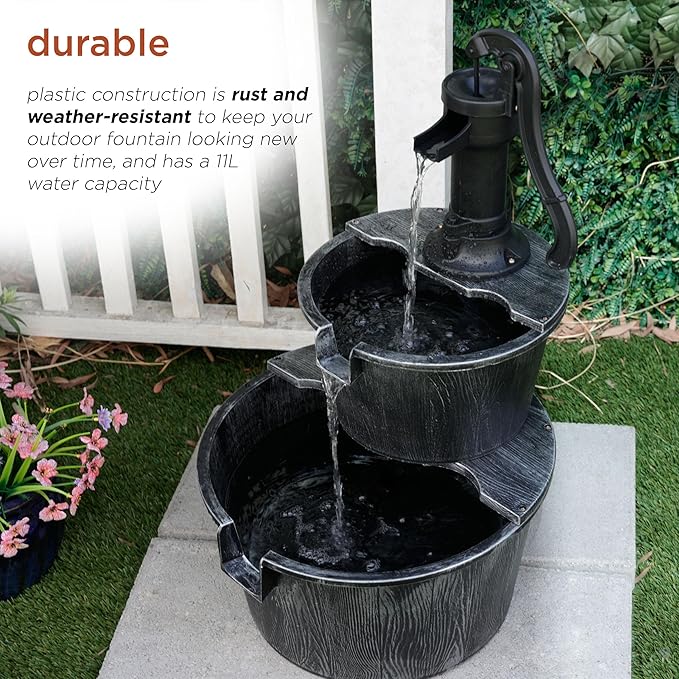 Alpine Corporation 27" Tall Rustic Outdoor 2-Tier Barrel Pump Water Fountain with Soothing Cascading Water Flow for Patio, Yard, Porch, or Landscape, Gray