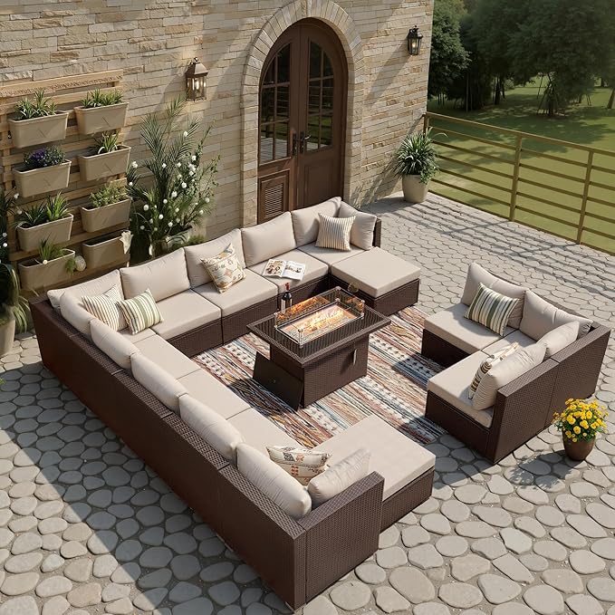 BULEXYARD 15 Piece Highback Wicker Patio Furniture Sets with Firepit, All-Weather Heavy Duty Outdoor Conversation Set Modular, Extra Deep Wide 14-Seats Sectional Couch Sofa for Backyard, Brown & Beige
