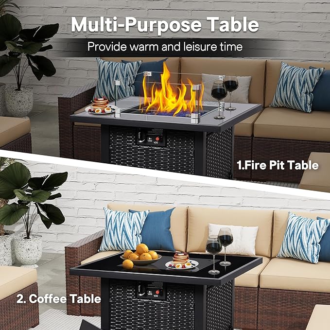 FHFO 5 Piece Outdoor Patio Furniture Set with 28”Gas Fire Pit Table & Ice Bucket Storage Box, Outdoor Wicker Rattan Patio Conversation Set for Outside, Poolside, Balcony, Porch, Black-Beige