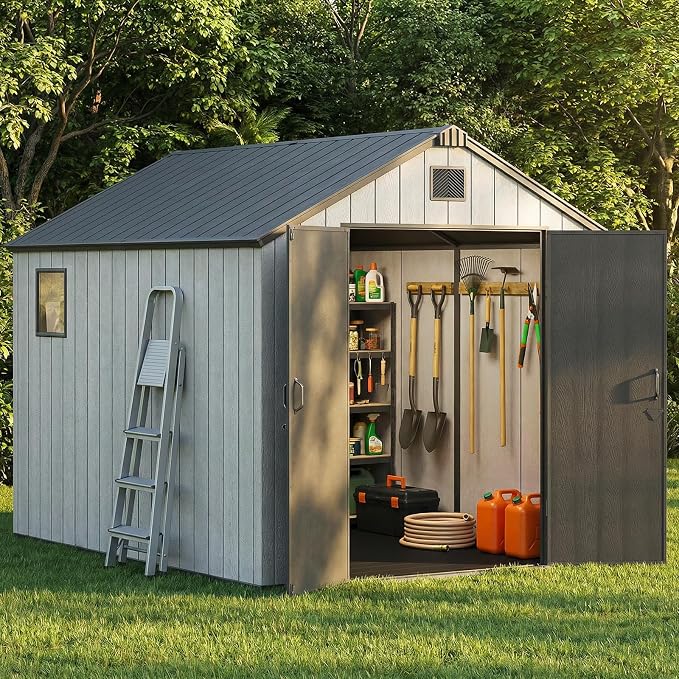 Jocoevol Outdoor Storage Shed, 8x10FT Resin Shed with Floor/Windows/Lockable Door/Vents, 15mm Thickened Heavy Duty All-Weather Garden Tool Shed for Backyard, Patio, Lawn, Gray - Image 8