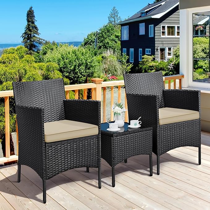Yaheetech 3 Pieces Patio Conversation Set, Outdoor Rattan Bistro Furniture, 2 Chairs with Cushions & 1 Side Table for Bistro/Porch/Garden/Deck/Courtyard, Black/Khaki