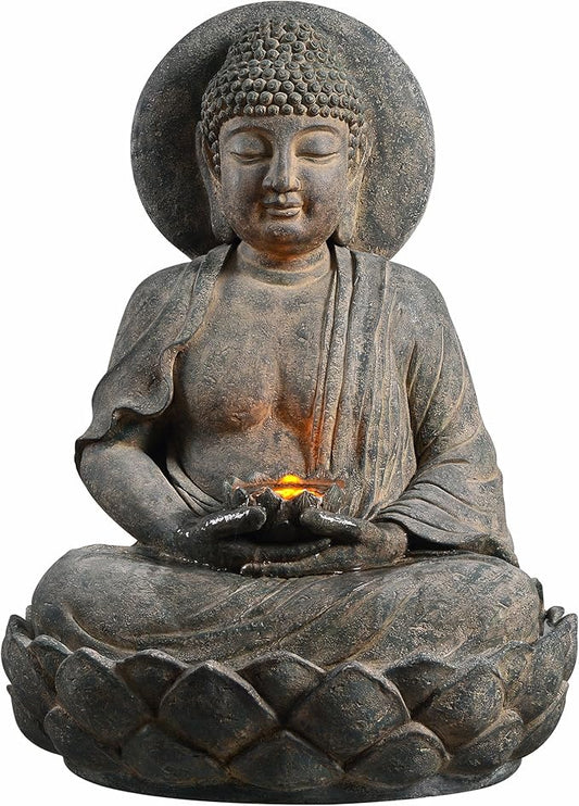 Teamson Home Buddha Zen Statue Water Fountain with LED Light and Pump for Outdoor Patio Garden Backyard Decking, 28 Inch Height, Stone Gray