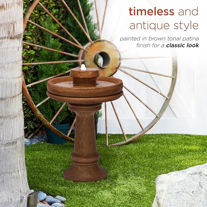 Alpine Corporation TZL202 Outdoor Floor Vintage Pedestal Water Fountain with Bird Bath and LED Lights, 29", Brown