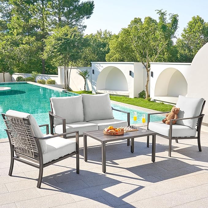 NATURAL EXPRESSIONS 4 Pieces Patio Furniture Sets,Modern Metal Outdoor Conversation Sets with All Weather Hand-Woven Rope Chairs,High Back Frame,Metal Table, 6" Thick Olefin Cushions for Yard,Garden