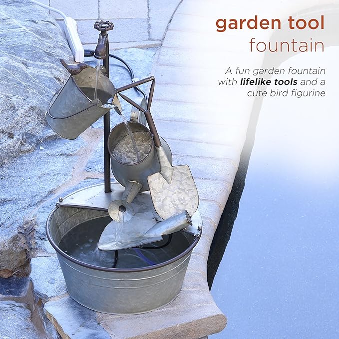 Alpine Corporation YHL106 Outdoor Floor 3-Tiered Metal Garden Tools Water Fountain, Tools and Faucet Waterfall, 28", Gray
