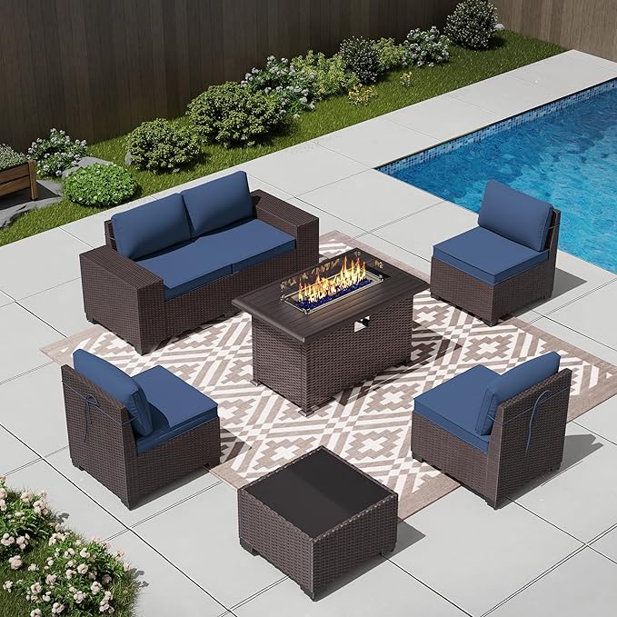 7 PCS Outdoor Patio Furniture Set,Outdoor Sectional Furniture with 43" 55000 BTU Gas Propane Fire Pit Table,All Weather PE Rattan Wicker Patio Conversation Set,Navy Blue
