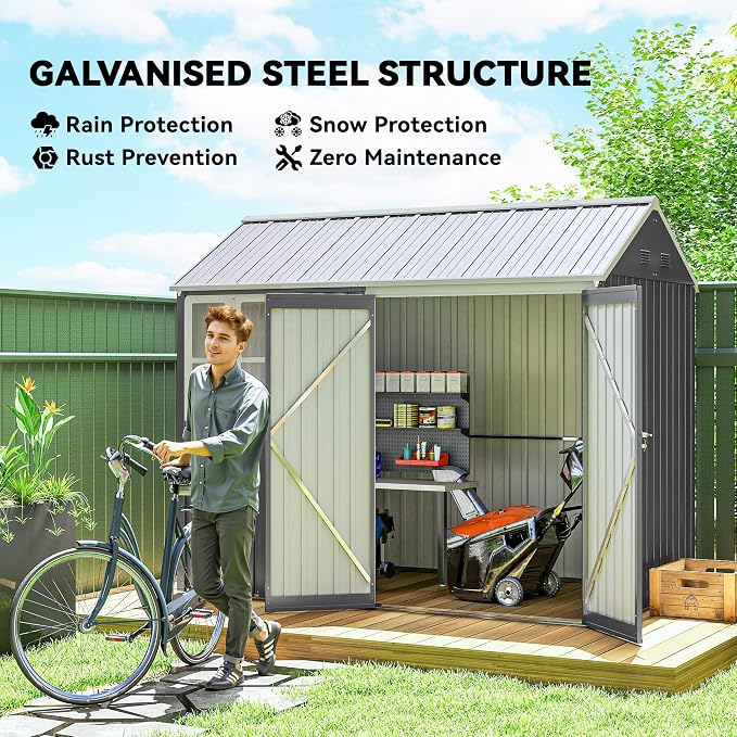 Outsunny 8' x 5.5' Outdoor Storage Shed, Metal Garden Shed with Window & Double Lockable Door, Outdoor Tool Shed Storage with Sloped Roof for Backyard, Patio, Garage, Lawn, Gray - Image 3