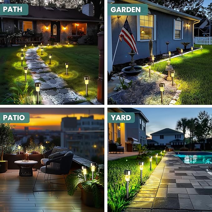 GIGALUMI 24 Pack Solar Path Lights Outdoor,Solar Lights Outdoor Waterproof,Stainless Steel LED Landscape Lighting,Solar Garden Lights for Driveway,Pathway,Patio,Yard