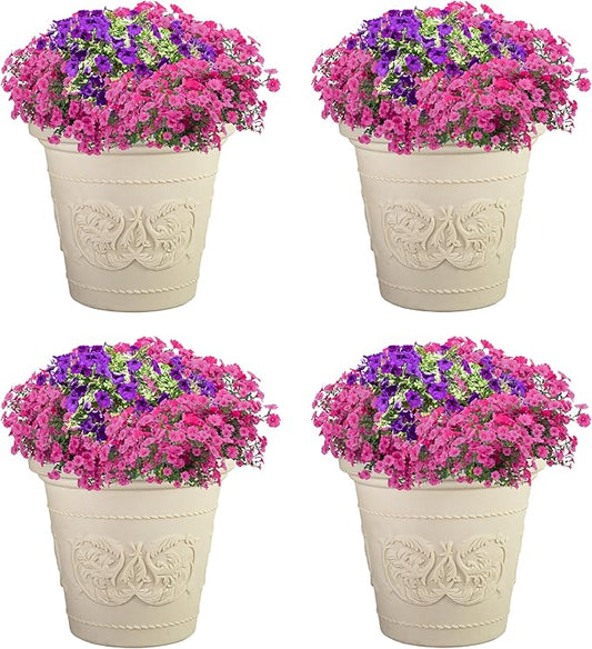 Sunnydaze 19.5-Inch Arabella Large Plastic Pot for Plants - Outdoor Double-Walled Polyresin Large Plastic Planter with Drillable Drainage Holes - Antique White - 4-Pack