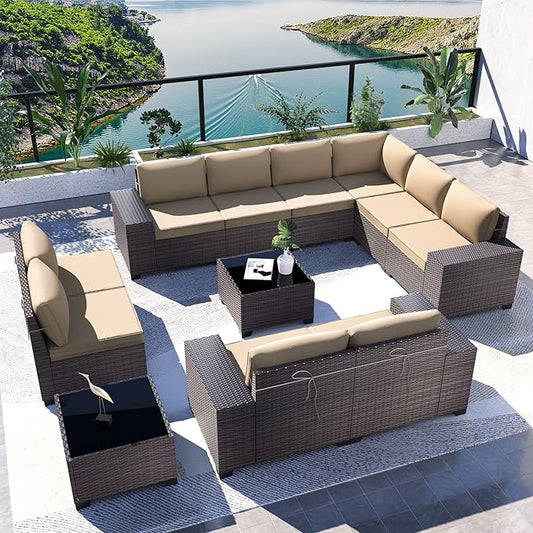 Kullavik Outdoor Patio Furniture Set,12 Pieces Sectional Rattan Sofa Set Brown PE Rattan Wicker Patio Conversation Set with 10 Seat Cushions and 2 Tempered Glass Coffee Table,Sand