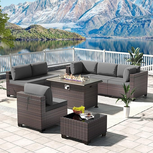 Kullavik 8 Pieces Outdoor Patio Furniture Set,Sectional Sofa Set with 43" 55000 BTU Gas Propane Fire Pit Table,Brown PE Rattan Wicker Patio Conversation Set,Grey