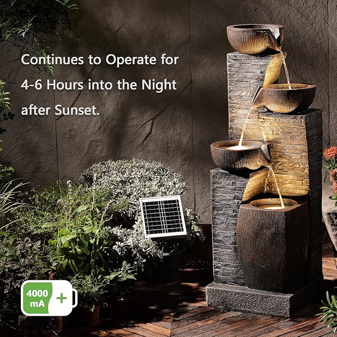 38.2" Tall Solar Water Fountain Outdoor Garden,Stone Texture Modern 4 Tiers Cascading Bowls Garden Fountains Outdoor,Suit for Patio, Deck, Porch, Lawns, Backyard and Home Art Decor