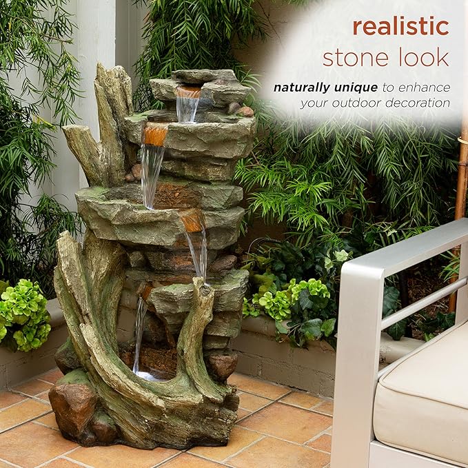 Alpine Corporation TZL292 Outdoor Floor Cascading Stone Tower Fountain, Garden Fountain with Natural Stone Look 40", Gray