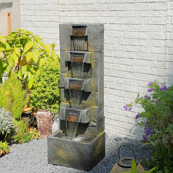 41.1" Garden Water Fountain Outdoor – 5-Tier Modern Cascading Resin Waterfall Fountain with LED Light, Mossy Stone Look, Floor-Standing Outdoor Water Feature for Patio, Yard, Deck, Home Décor