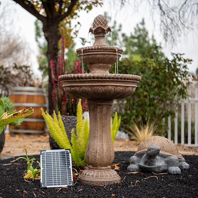 XBrand 39" Solar Water Fountain, 2-Tier Outdoor Sand Stone Resin with Solar Panel & Pump for Home Garden Yard Decor