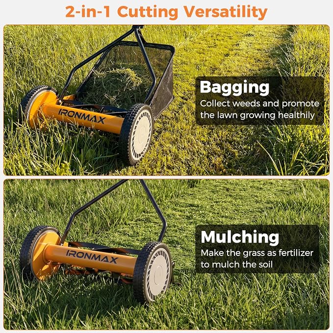 IRONMAX Lawn Mower, 14 Inch Push Reel Lawn Mower with 5 Steel Blades, Adjustable Cutting Heights, Grass Catcher Bag, Walk-Behind Manual Lawnmower for Garden Park Yard, No Motor (Orange, 14 Inch) - Image 7