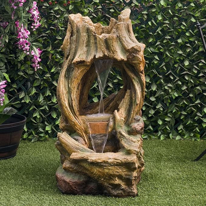 Alpine Corporation 40" Tall Open Tree Trunk Floor Fountain with Cool White LED Lights, Tiered Garden Decor, Brown