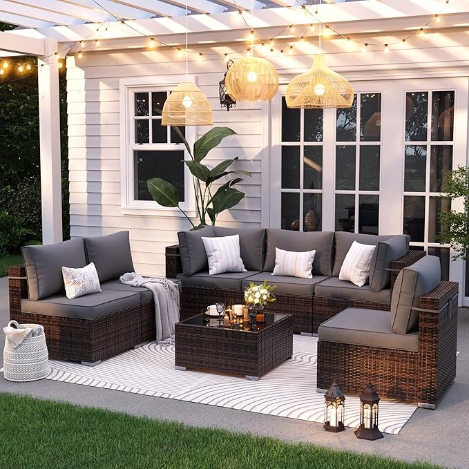 Patio Furniture Set, 7 Pieces Outdoor Sectional Sofa, PE Wicker Backyard Conversation Set with Waterproof Cover & Coffee Table, Modular Outdoor Couch for Garden, Poolside (Brown/Grey Cushions)
