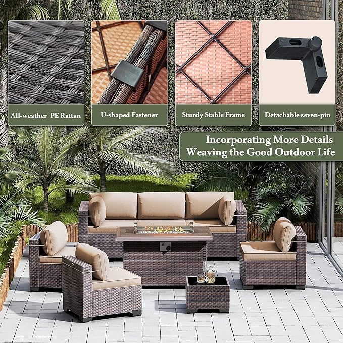 10 Pieces Outdoor Patio Furniture Set,Outdoor Sectional Furniture with 43" 55000 BTU Gas Propane Fire Pit Table,All Weather PE Rattan Wicker Patio Conversation Set,Sand