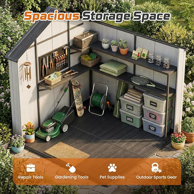 Jocoevol Outdoor Storage Shed, 8x8FT Resin Shed with Floor/Windows/Lockable Door/Vents, 15mm Thickened Heavy Duty All-Weather Garden Tool Shed for Backyard, Patio, Lawn, Gray - Image 6