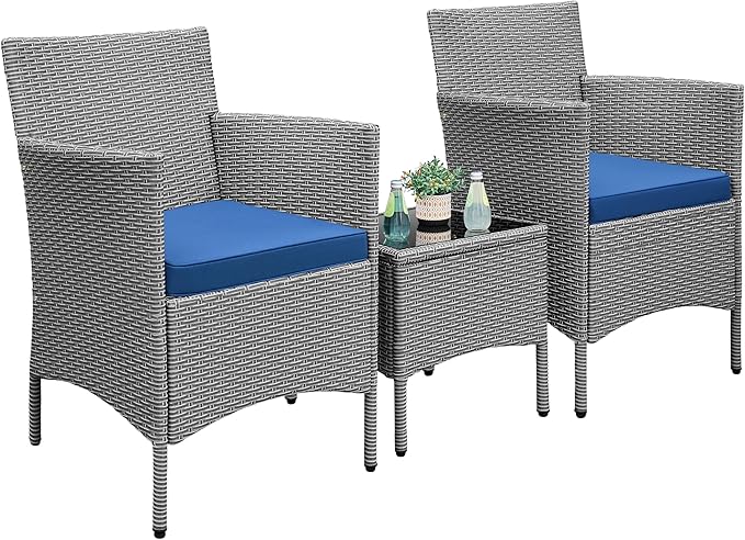 Yaheetech 3 Pieces Patio Porch Furniture Set, Outdoor PE Rattan Wicker Conversation Set with Soft Cushions, Glass Coffee Table & 2 Chairs for Garden/Deck/Courtyard/Poolside, Gray/Dark Blue