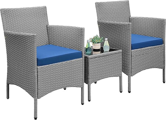 Yaheetech 3 Pieces Patio Porch Furniture Set, Outdoor PE Rattan Wicker Conversation Set with Soft Cushions, Glass Coffee Table & 2 Chairs for Garden/Deck/Courtyard/Poolside, Gray/Dark Blue