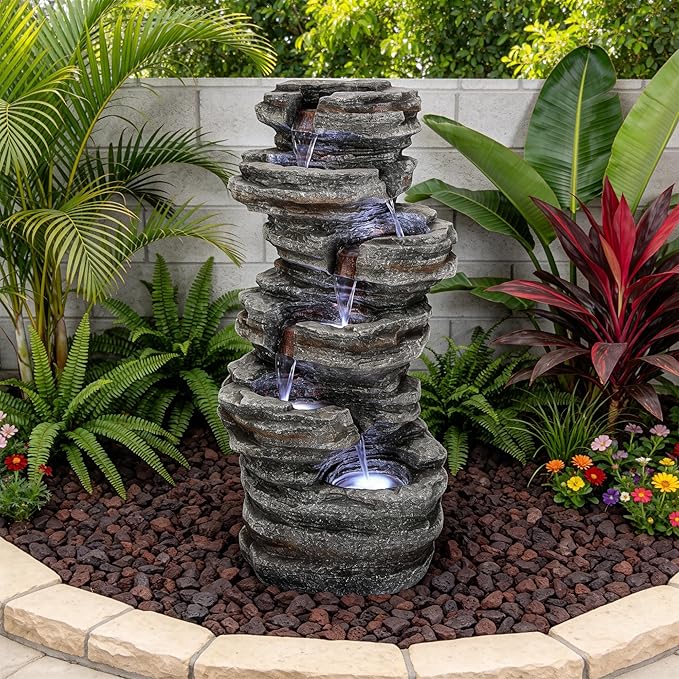 40"H Stacked Stone Water Fountain Outdoor with LED Lights, 6-Tier Extra-Lage Cascading Rock Waterfall for Outdoor Patio Garden Backyard, Weather-Resistant Resin Water Feature for Serene Oasis