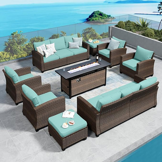 Patio Furniture Set Outdoor Furniture Brown Wicker Rattan Patio Conversation Sets with Cushion Outside Sofa Set,8 Pieces with Rectangular Firepit Table,12 Seats,Blue