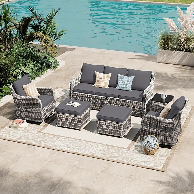 MEISSALIVVE Patio Furniture Set with Swivel Rocking Chairs, 6 Pieces Patio Conversation Set, Outdoor Wicker Sofa Couch with Waterproof Cushions for Lawn Backyard Porch (Grey)