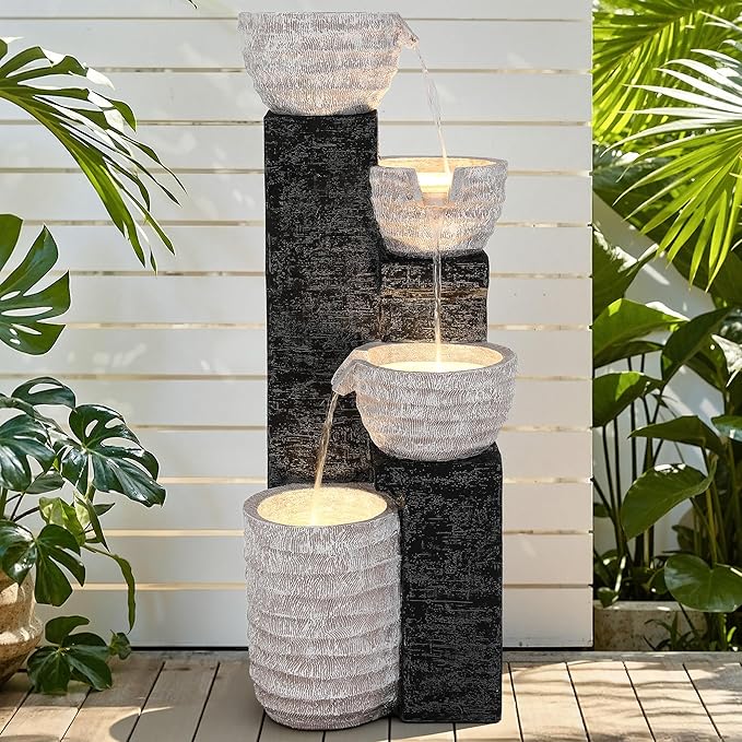 40" H Outdoor Water Fountain with LED Lights & Pump, Multilayer Cascading Polyresin Fountain, Sand-Textured Freestanding Garden Fountain for Tranquil Garden, Patio or Porch
