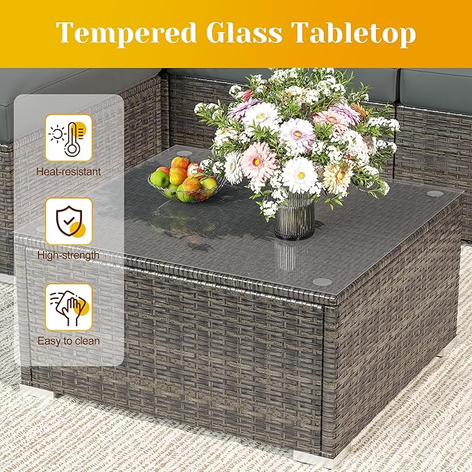 Fansafun Outdoor Patio Furniture Set, 5 Piece Patio Conversation Set, Waterproof Wicker Patio Furniture Set, All Weather Combination Patio Conversation Sets with Cushions and Glass Table, Grey