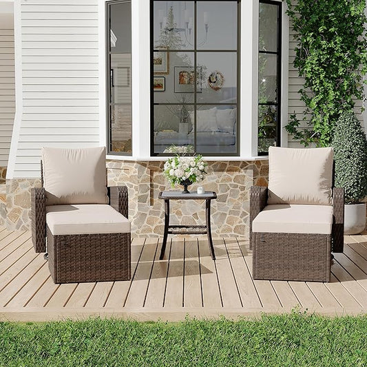 HOMREST 5 Piece Outdoor Patio Furniture Set-360 Wicker Swivel Chairs Set of 2 w/ 2 Ottoman, Coffee Table & Cushions Patio Bistro Set for Garden, Balcony (Khaki)
