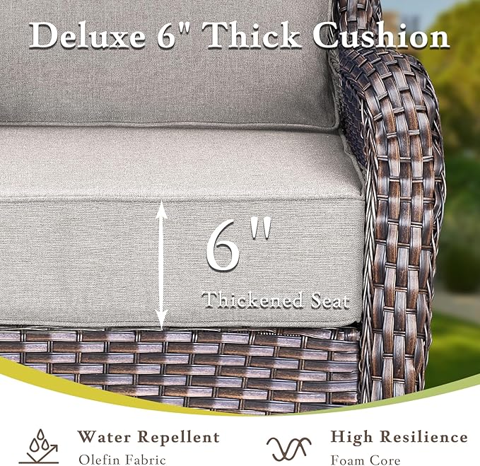 Luxury High Back Outdoor Furniture Set with 6-inch Thick Cushions, Patio Furniture Set with Swivel Chairs, 10 PCS Wicker Conversation Set for Yard, Deck, Poolside, Brown/Beige