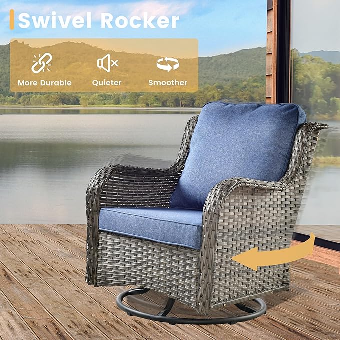 HOOOWOOO Patio Furniture Set,3 Piece Outdoor Furniture with Swivel Chairs,Wicker Patio Bistro Chairs Set,Denim Blue