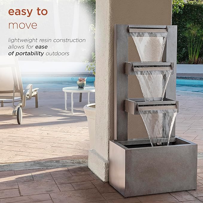Alpine Corporation 43" Tall Multi-Tier Waterfall Fountain - Industrial Style Water Feature for Garden, Patio, Yard, Backyard, Relaxing Water Flow, and Serene Landscaping, Gray