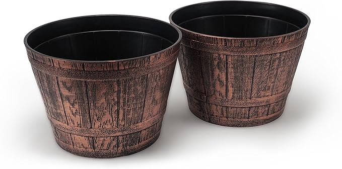Sapphire Plant Pots Set of 2 Pack 10 inch, Copper Whiskey Barrel Planters with Drainage Holes. Plastic Decoration Flower Pots Imitation Wine Barrel Design (Copper-S)