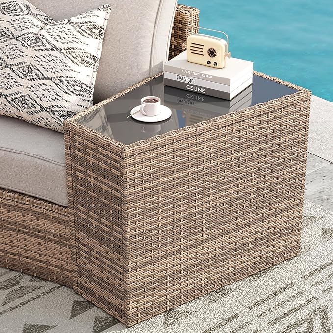 PaPaJet 11-Piece Patio Furniture Set with Large Storage Wedge Table, Half-Moon Wicker Sectional Sofa with Cushions, Waterproof Rattan Outdoor Conversation Set for Beach, Pool, Garden & Balcony, Beige