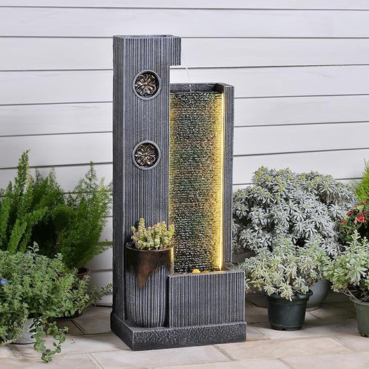 37" H Modern Indoor Water Fountains - Rectangular Outdoor Waterfall Fountain with LED Lights and Pump and Sculpted Flowers for Office, Living Room, Bedroom, Garden and Home Art Decor