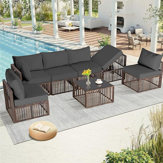 FHFO 7 Piece Patio Furniture Set, Outdoor Wicker Sectional Sofa Conversation Set Couch with Adjustable Backrest, Thick Cushion & Coffee Table for Garden, Porch, Poolside, Brown/Grey
